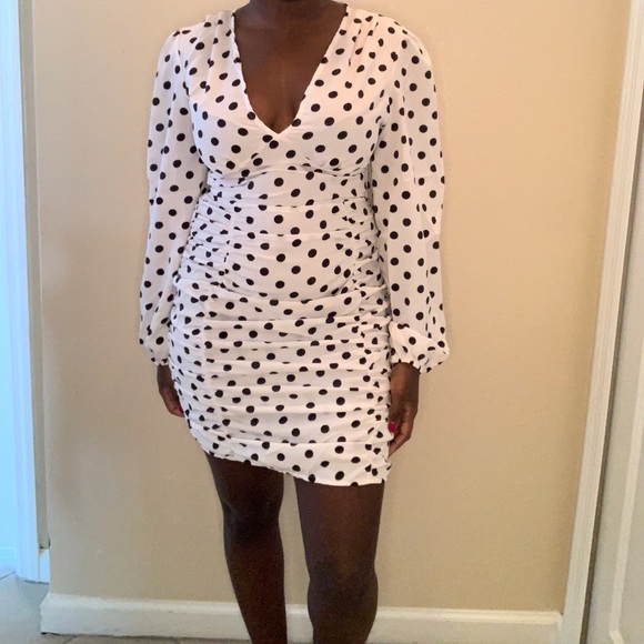 Dresses & Skirts - White Polka Dot Ruched Puff Sleeve Dress
